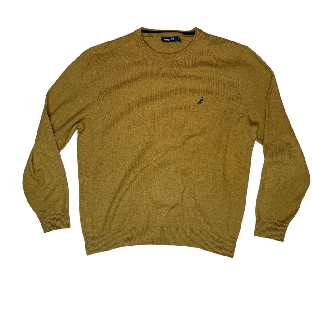 Nautica Sweater Mens Large Yellow Crewneck Cotton Blend Logo